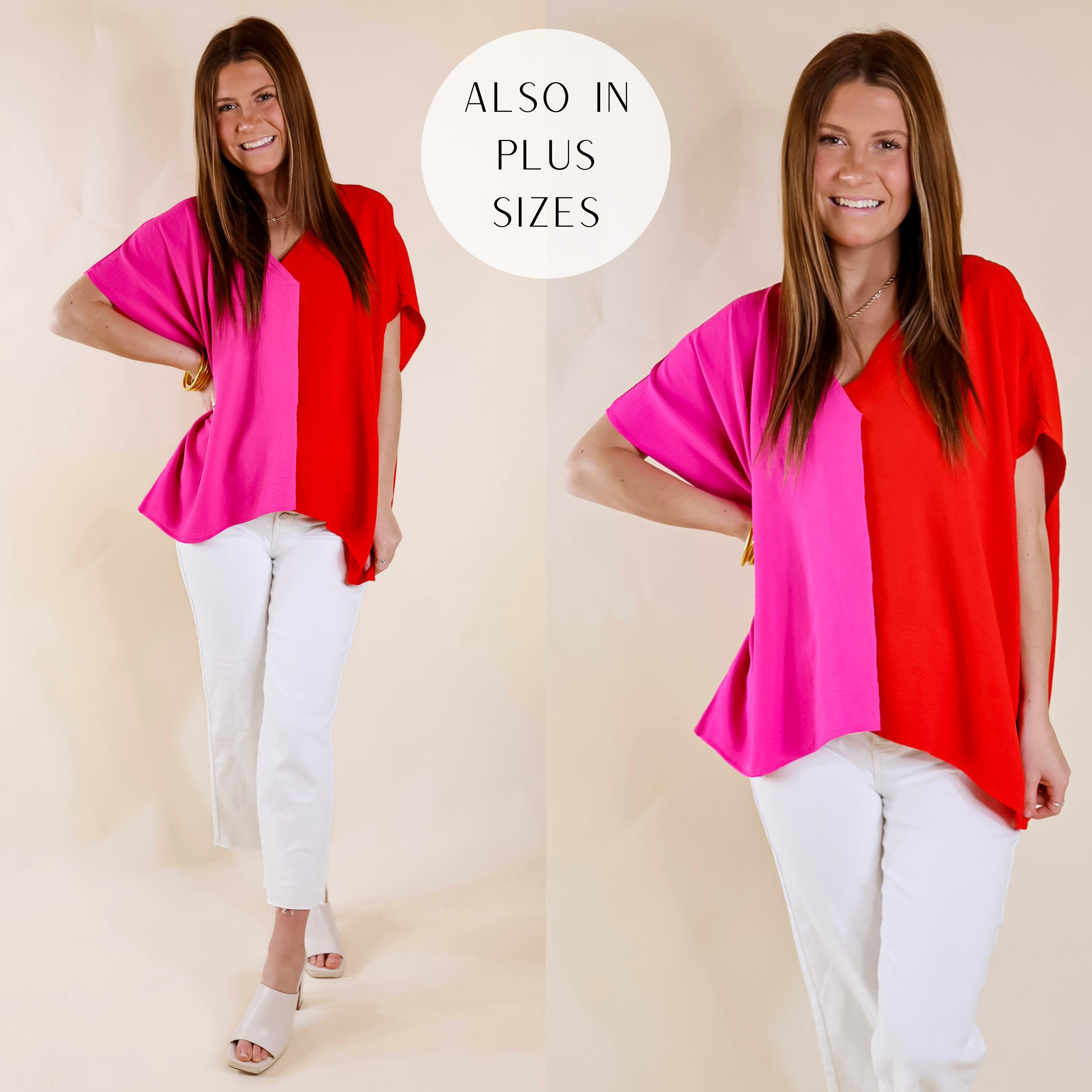 A short sleeve V neck split dye top with pink on the right and red on the left and a loose flowy fit. Item is pictured on a plain white background.