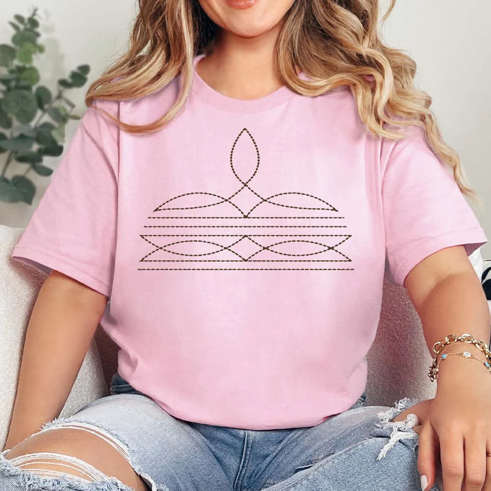 Online Exclusive | Boot Stitch Printed Short Sleeve Graphic Tee in Pink - Giddy Up Glamour Boutique