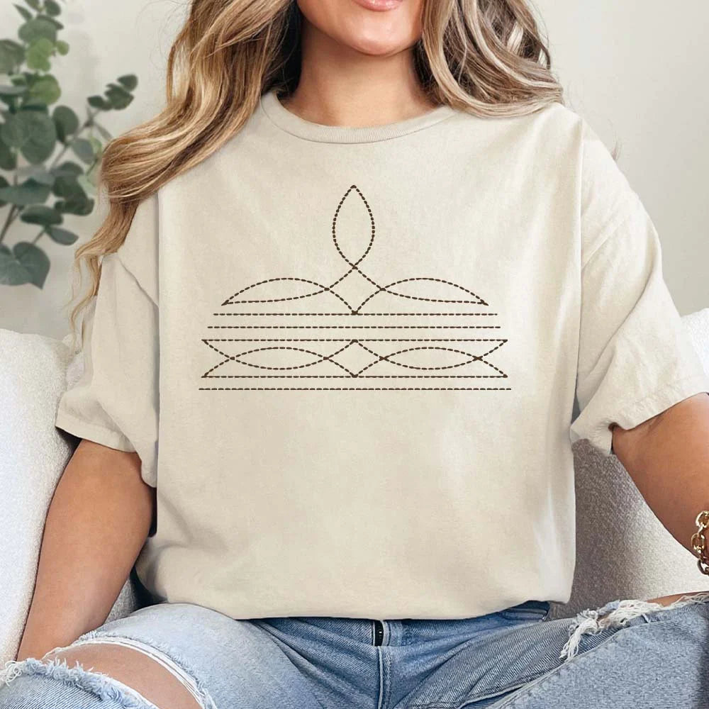 Online Exclusive | Boot Stitch Printed Short Sleeve Graphic Tee in Cream - Giddy Up Glamour Boutique