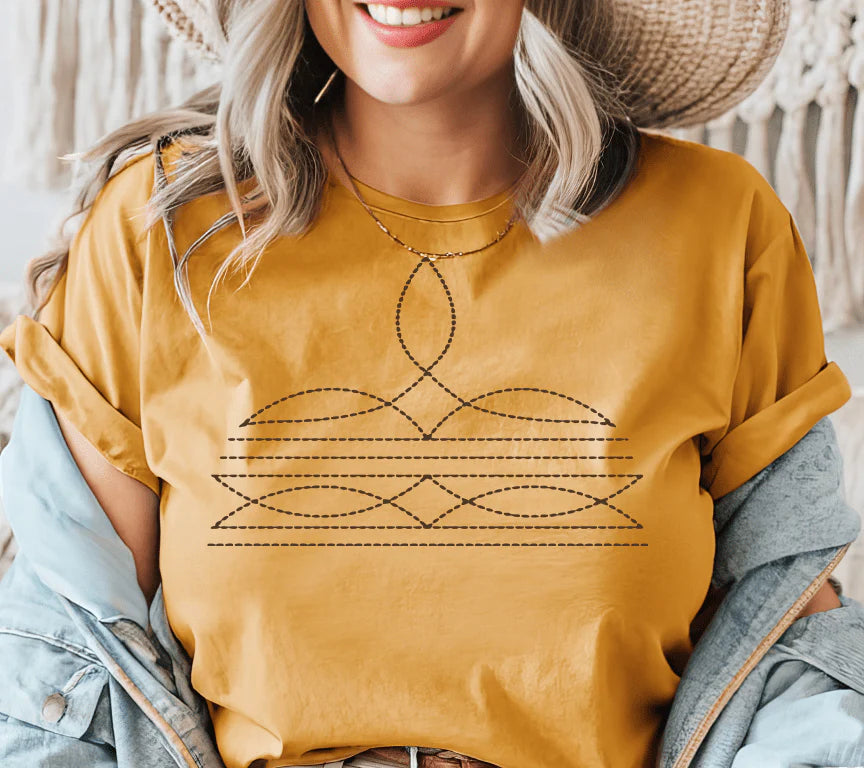 Online Exclusive | Boot Stitch Printed Short Sleeve Graphic Tee in Mustard Yellow - Giddy Up Glamour Boutique