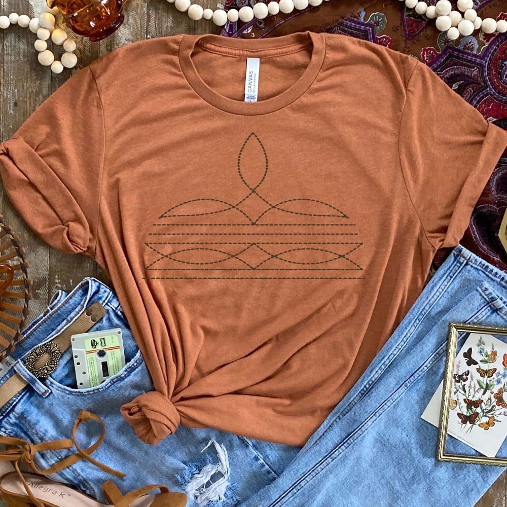 Online Exclusive | Boot Stitch Printed Short Sleeve Graphic Tee in Harvest Heather Orange - Giddy Up Glamour Boutique