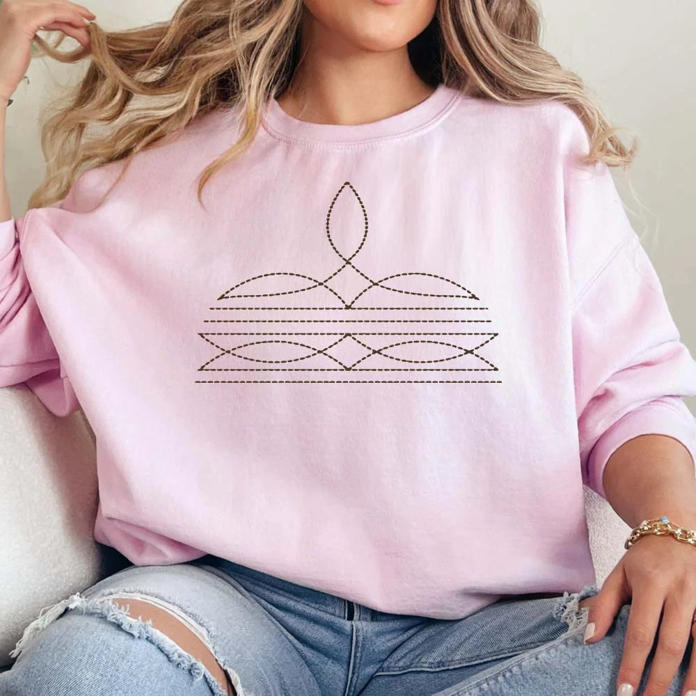 Online Exclusive | Boot Stitch Printed Long Sleeve Graphic Sweatshirt in Pink - Giddy Up Glamour Boutique