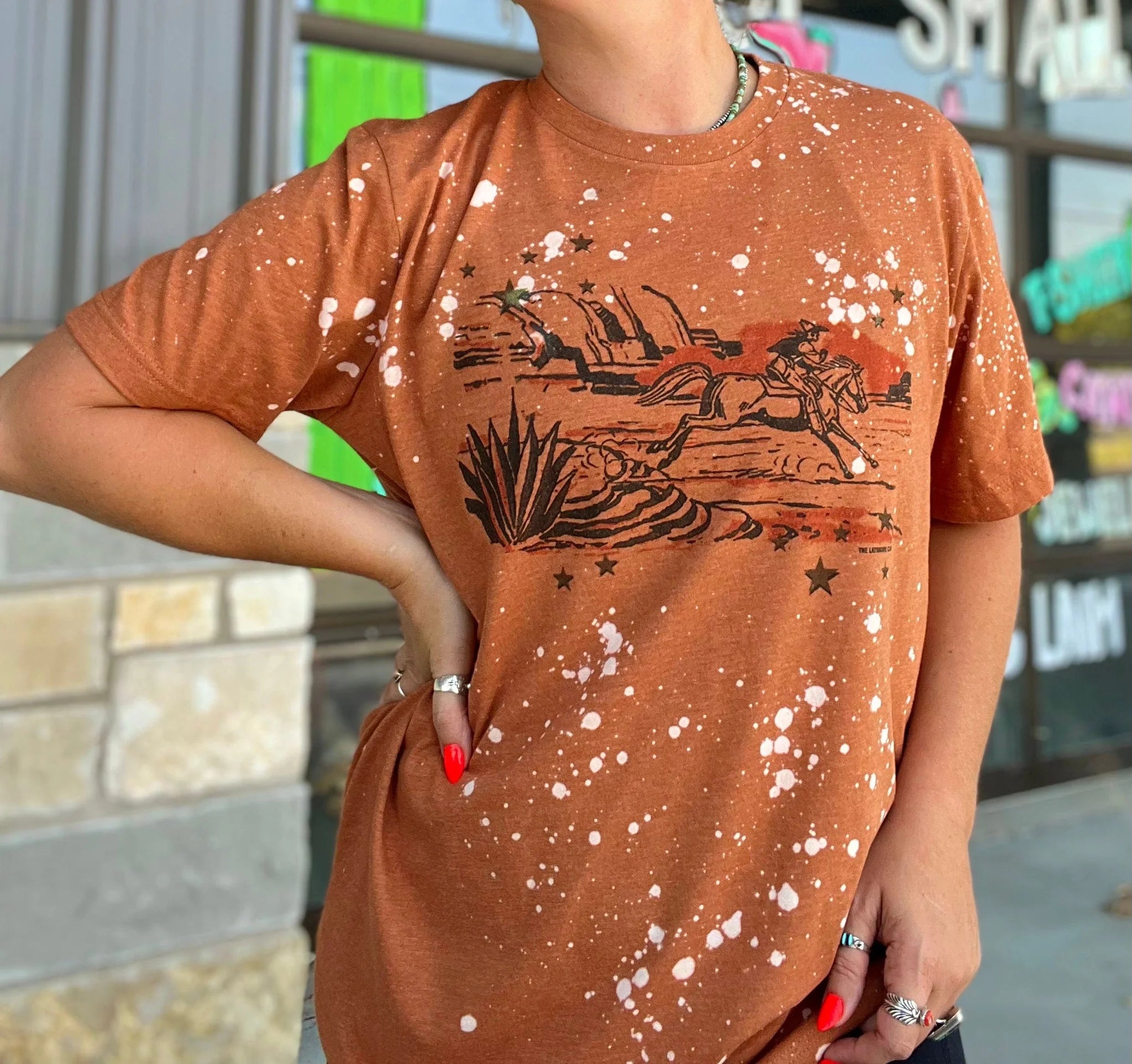 Online Exclusive | Western Cowboy Desert with Stars Short Sleeve Graphic Tee in Harvest Orange - Giddy Up Glamour Boutique