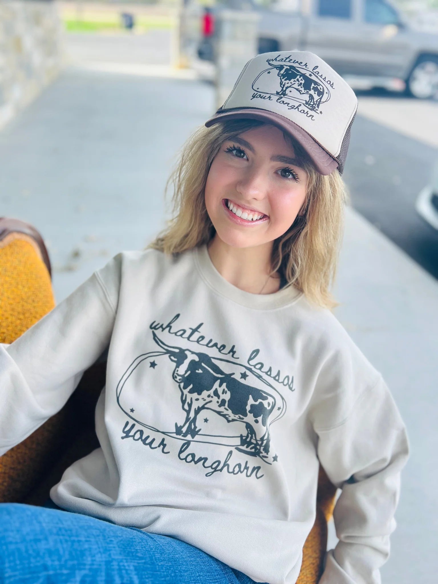 Online Exclusive | Whatever Lassos Your Longhorn Graphic Sweatshirt in Cream - Giddy Up Glamour Boutique