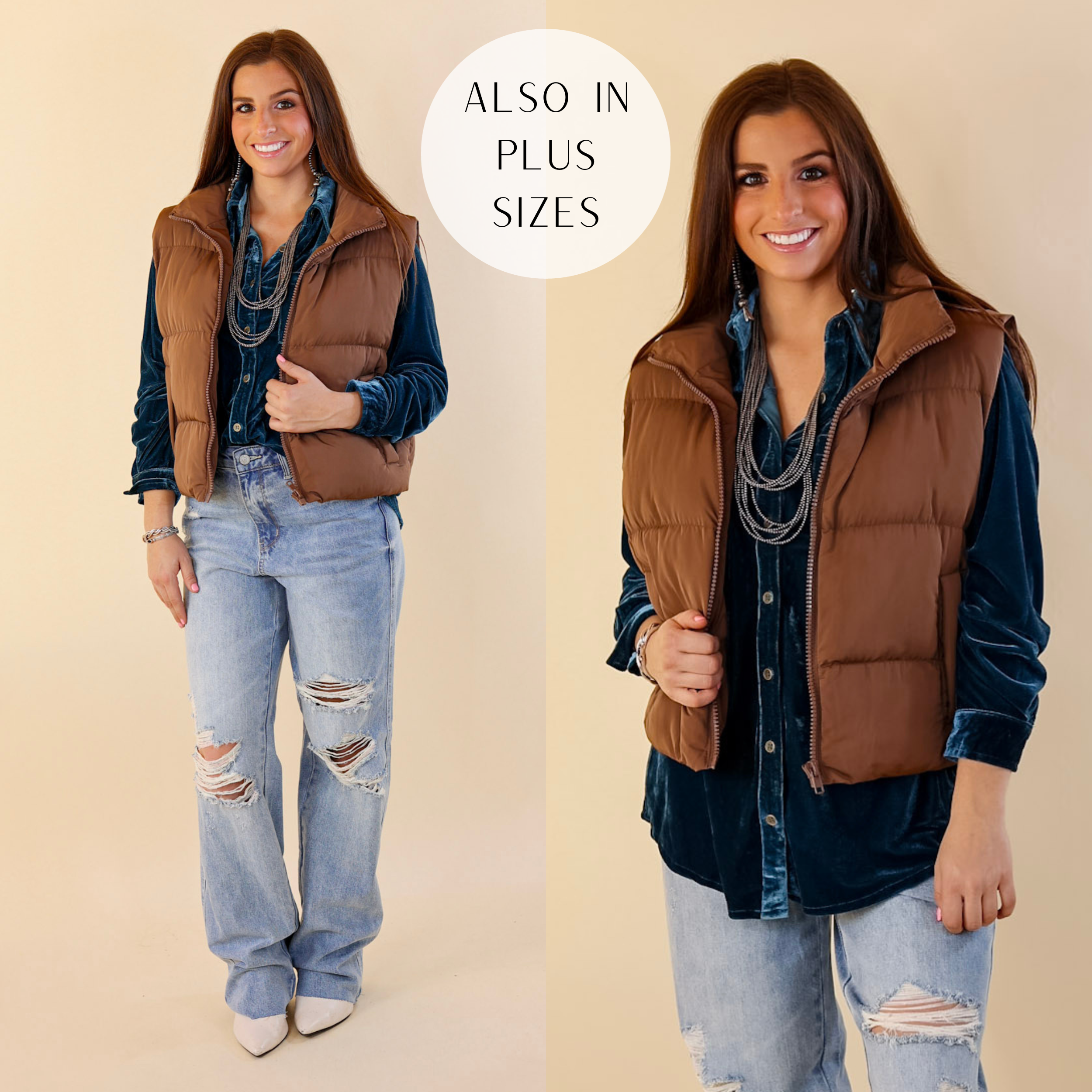 Model is wearing brown puffer vest paired with light washed jeans, velvet blue long sleeve, and silver jewelry.