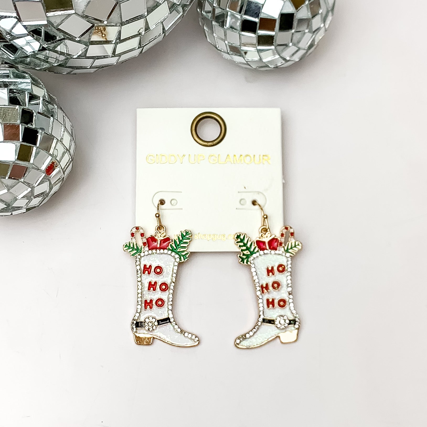 HO HO HO Cowboy Boot Drop Earrings in White - Giddy Up Glamour Boutique