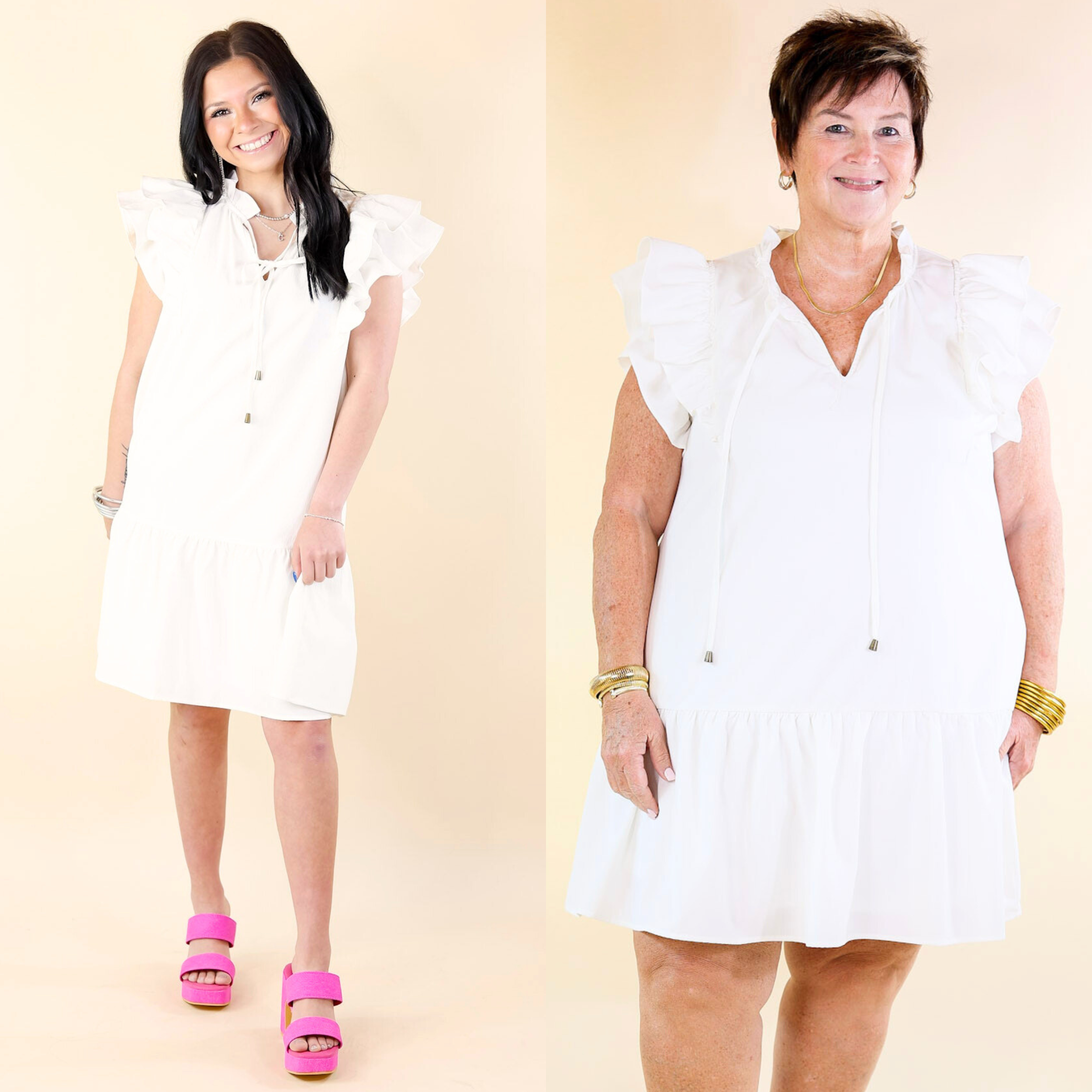 Powerful Love Ruffle Cap Sleeve Dress with Keyhole and Tie Neckline in Ivory