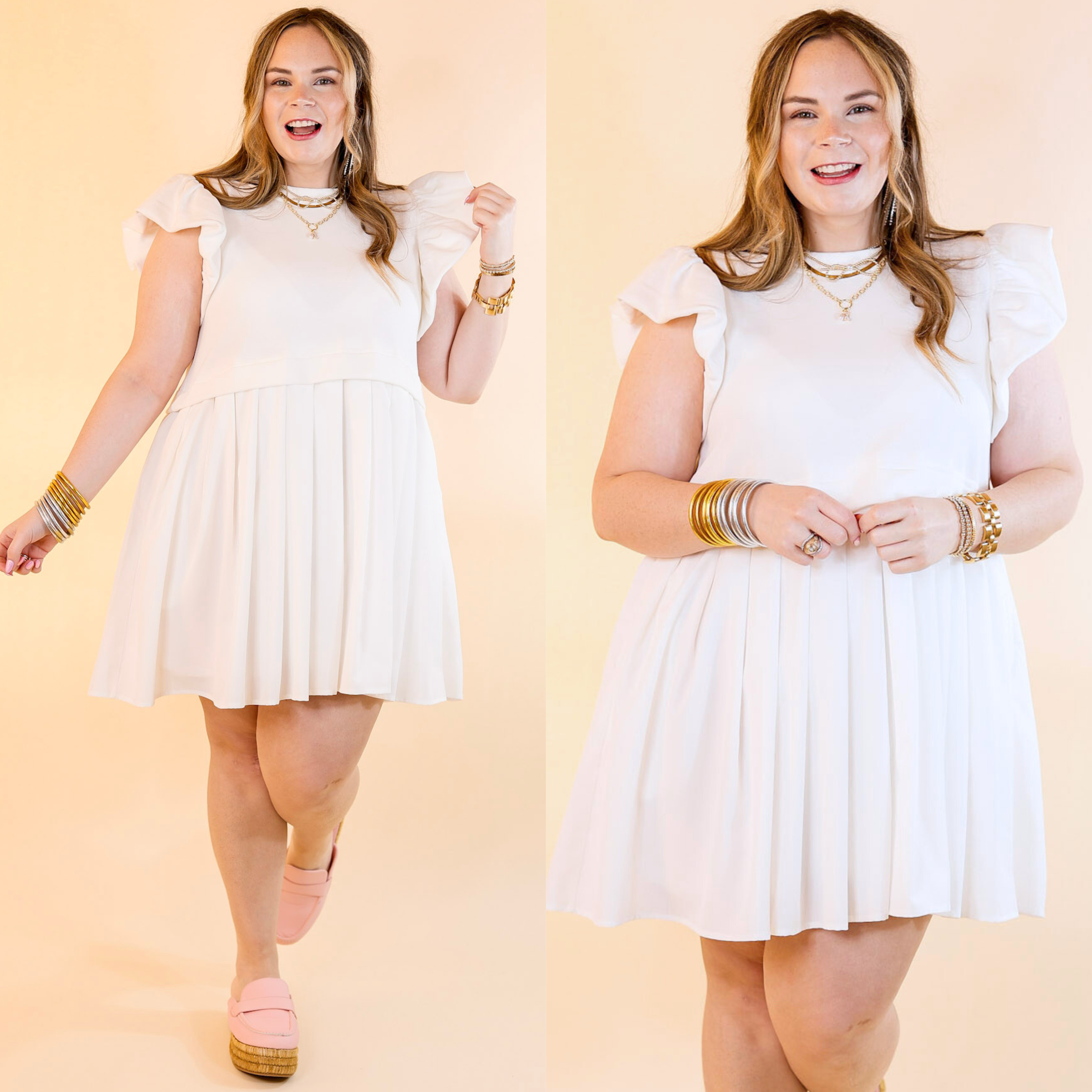 Simple Sophistication Solid Color Dress with Ruffle Cap Sleeves in Off White