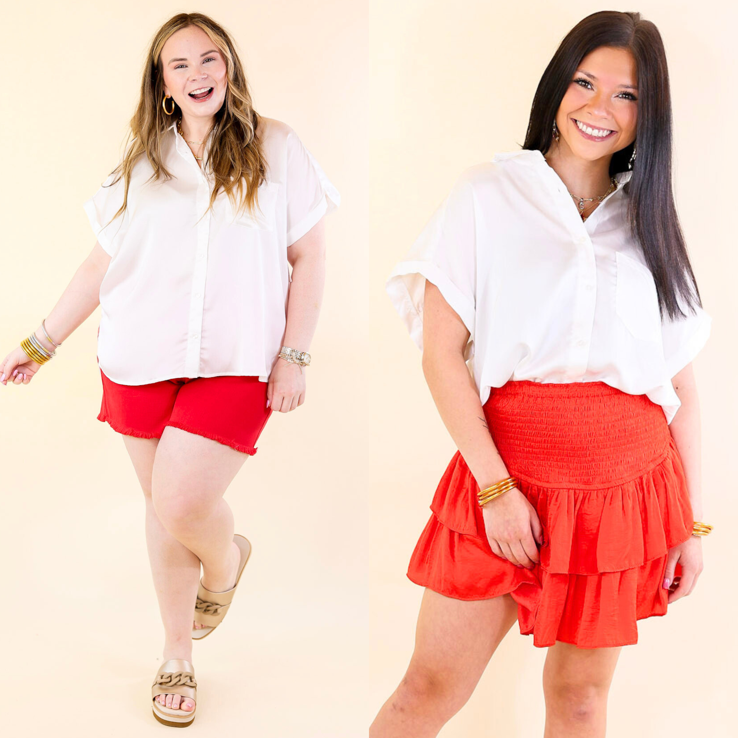 Free To Be Fab Button Up Short Sleeve Top in White