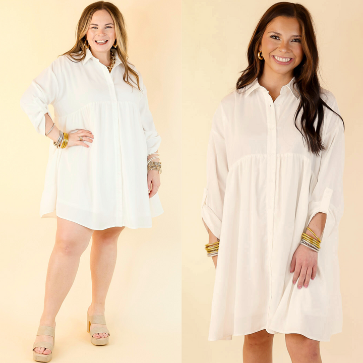 Risky Business Button Up Babydoll Dress in White
