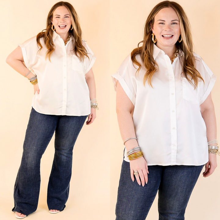 Free To Be Fab Button Up Short Sleeve Top in White