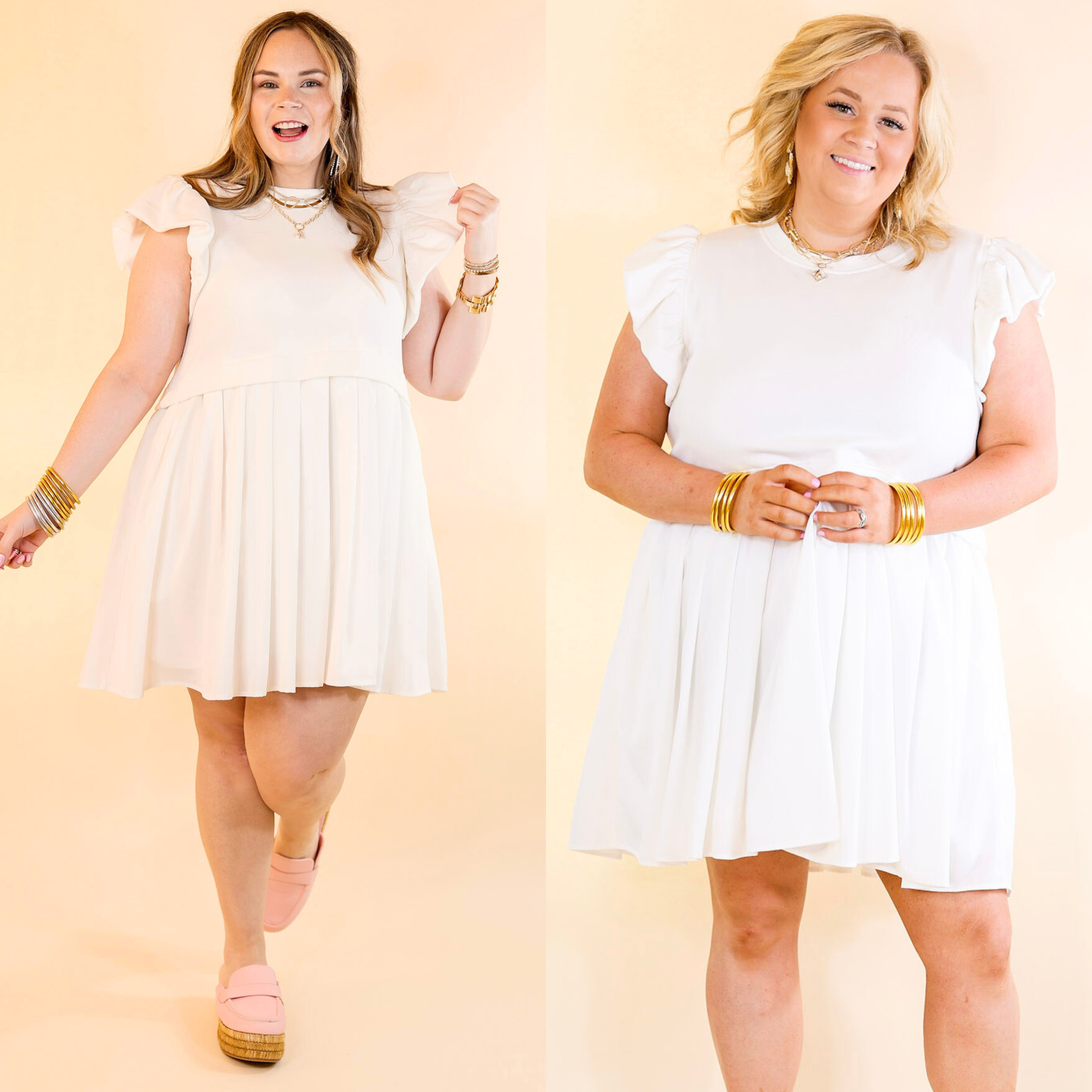 Simple Sophistication Solid Color Dress with Ruffle Cap Sleeves in Off White - Giddy Up Glamour Boutique