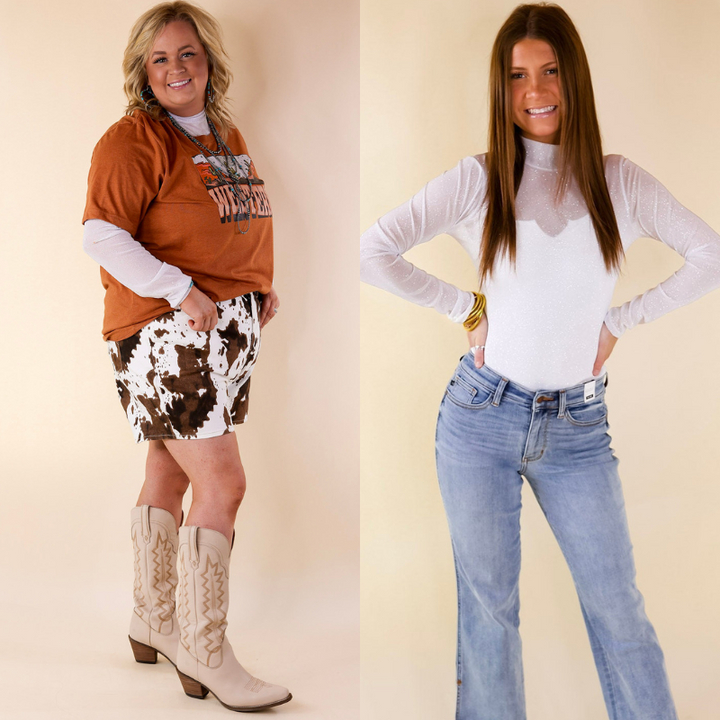 Try Your Luck Glitter Mesh Long Sleeve Bodysuit in White - Giddy Up Glamour Boutique