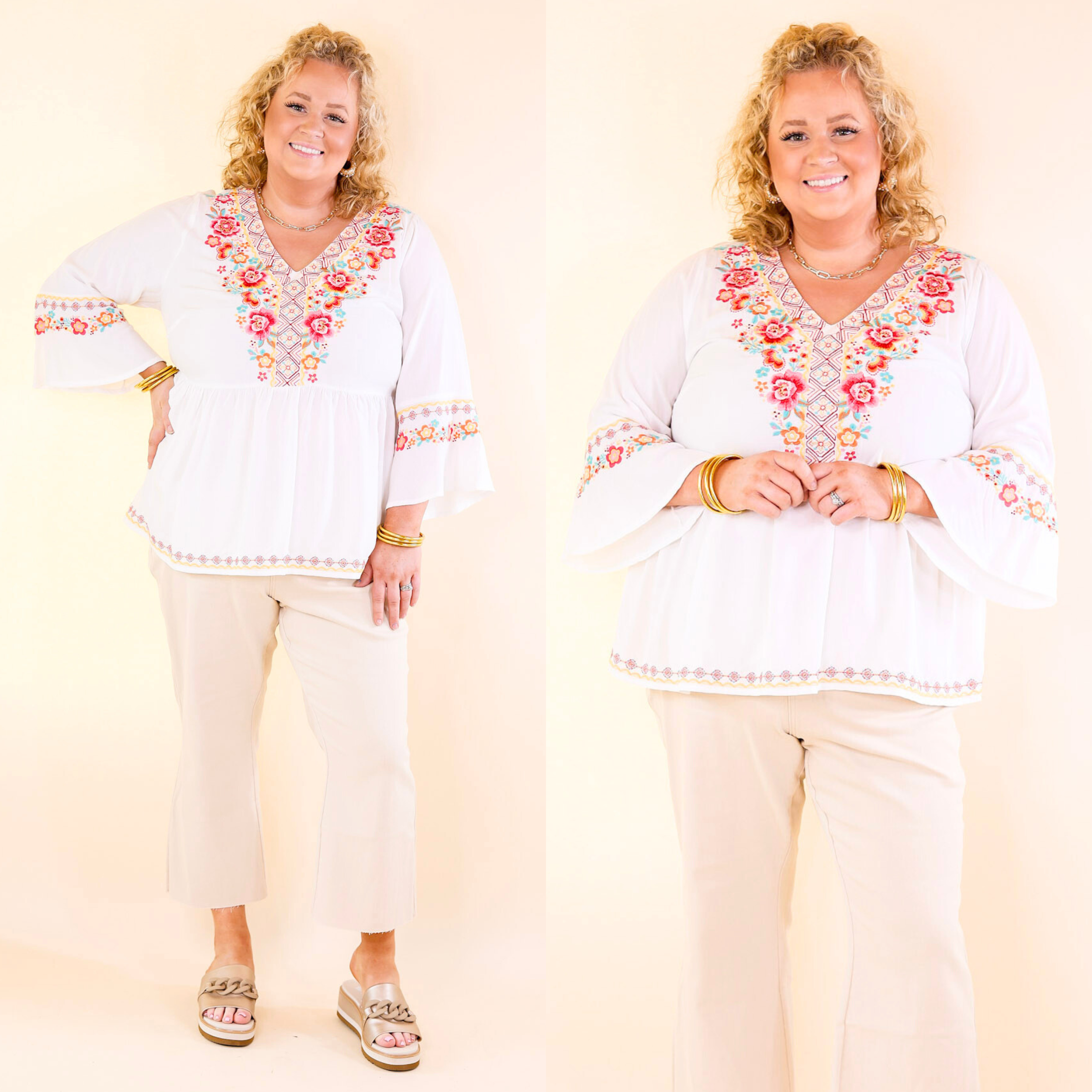 Joyous Moments 3/4 Bell Sleeve Embroidered Babydoll Top in White - Giddy Up Glamour Boutique