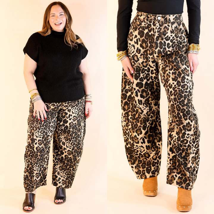 Run Wild Wide Leg Barrel Denim Jean in Leopard Print