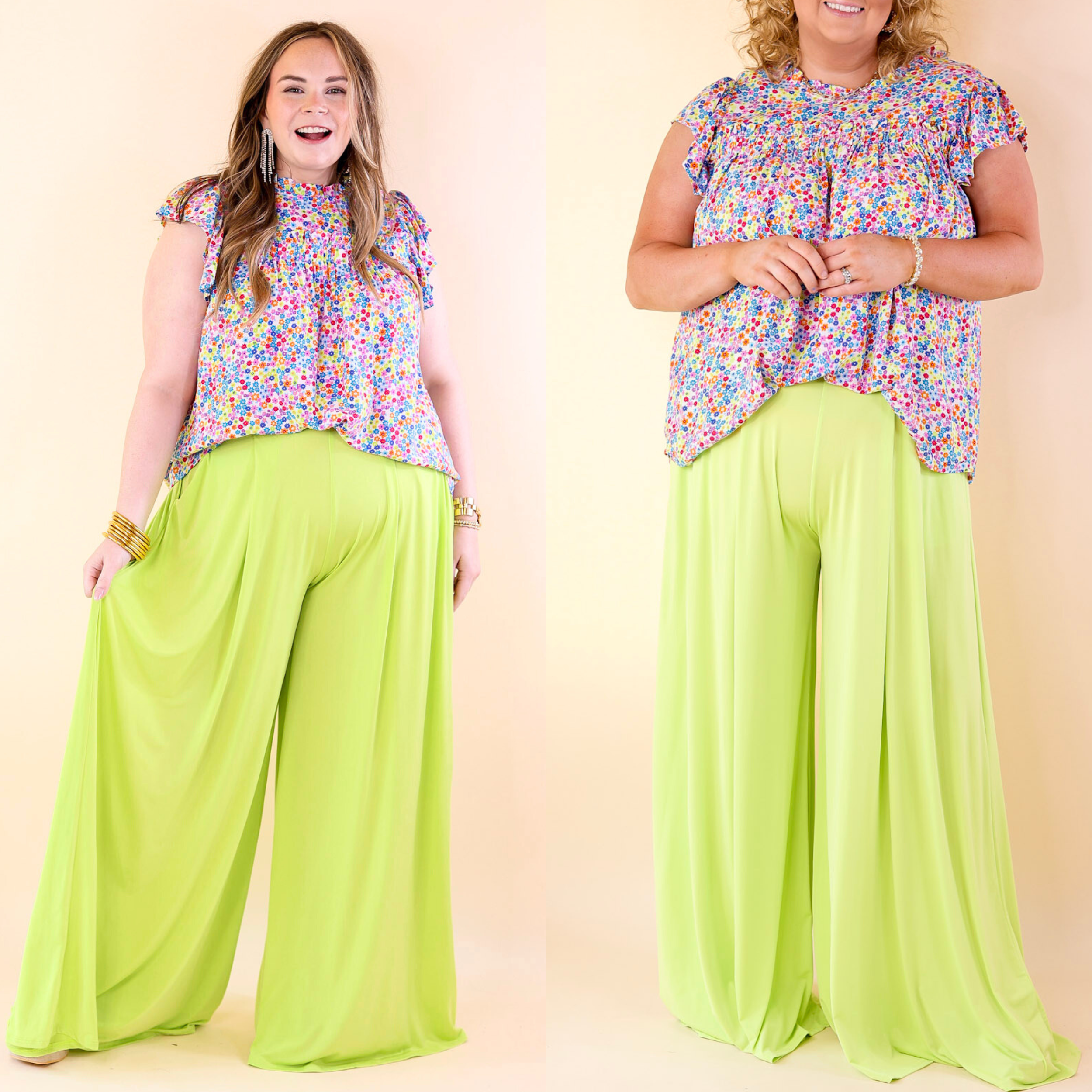Plus Size | Urban Wonders Wide Leg Pants in Neon Lime - Giddy Up Glamour Boutique
