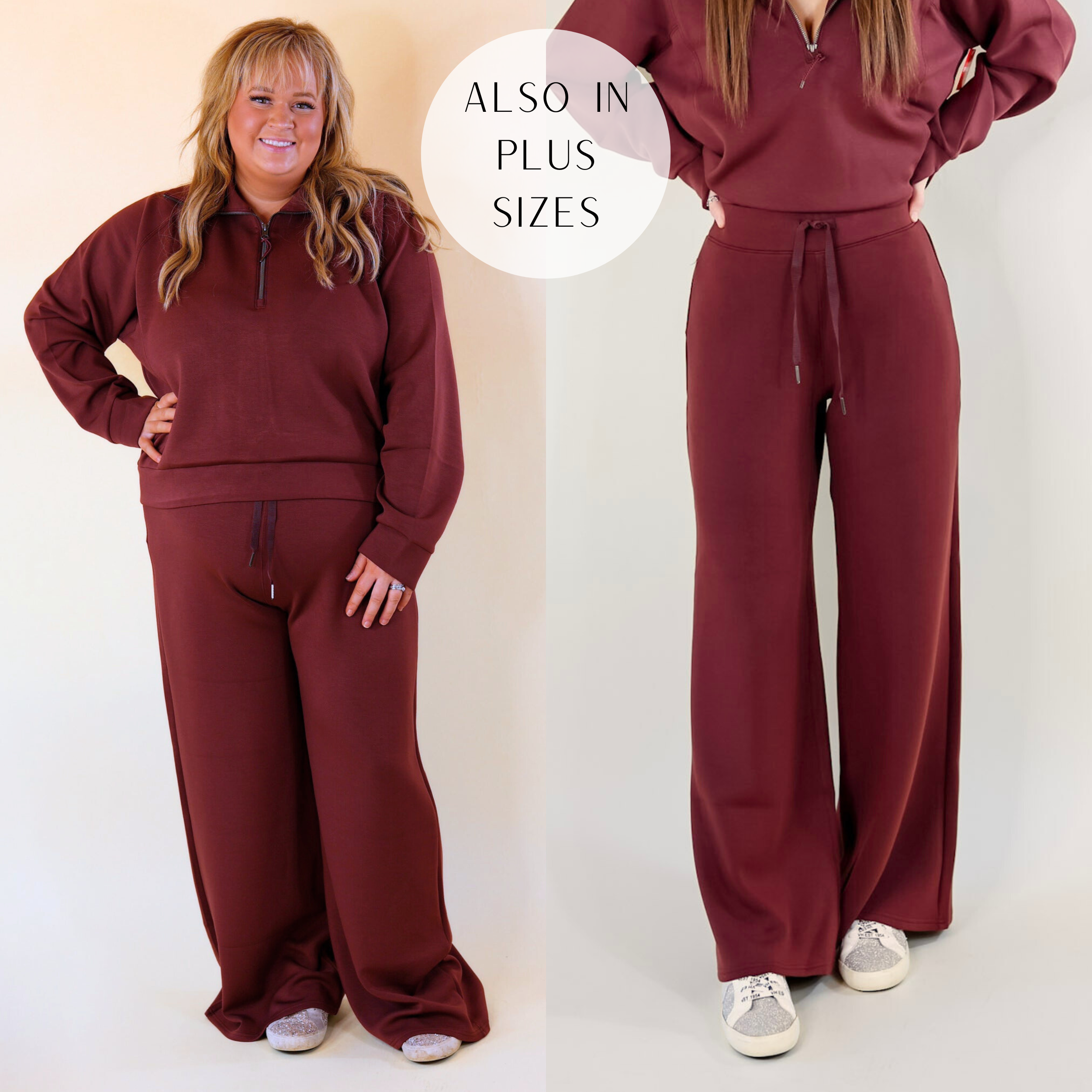 Models are wearing wide leg sweatpants in maroon. Size plus and small models have it paired with Vintage Havana shoes, and silver jewelry.