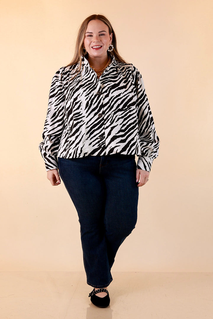 Wild Card Zebra Print Long Sleeve Button Front Jacket in Off White and Black