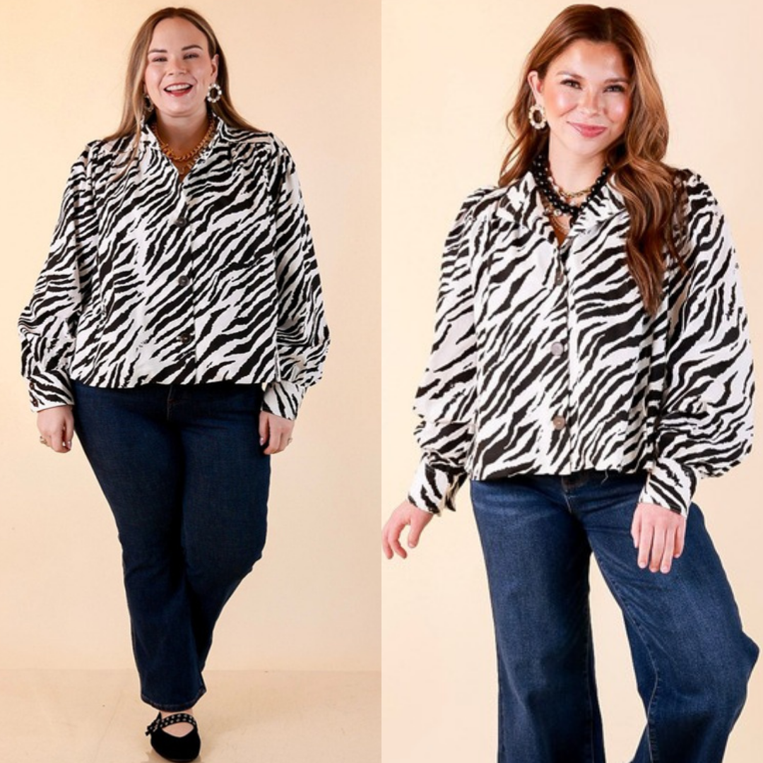 Two images of a woman wearing the Wild Card Zebra Print Long Sleeve Button Front Jacket in Off White and Black on a beige background