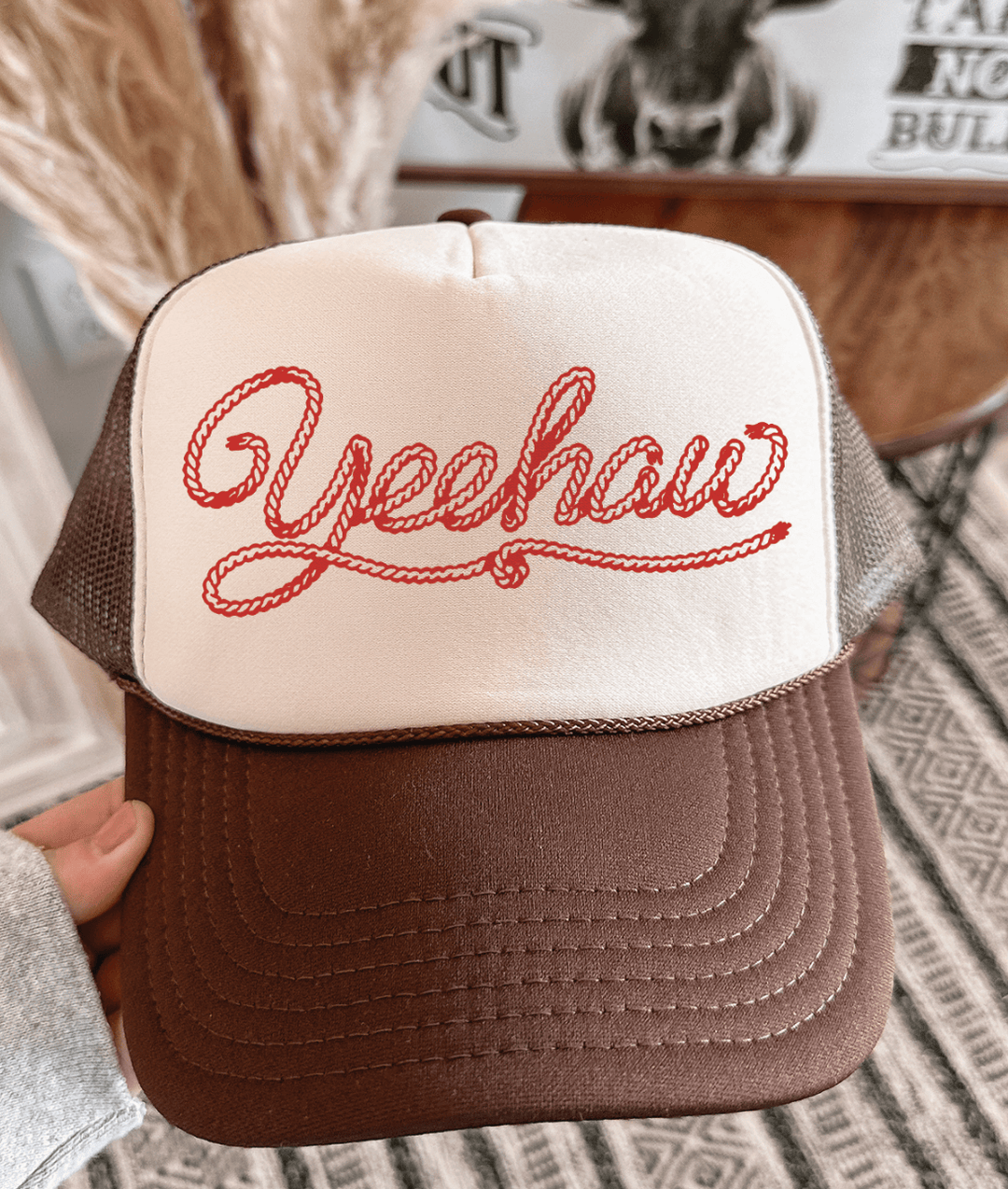 Made to Order | Yee Haw Rope Trucker Hat in Brown and Tan