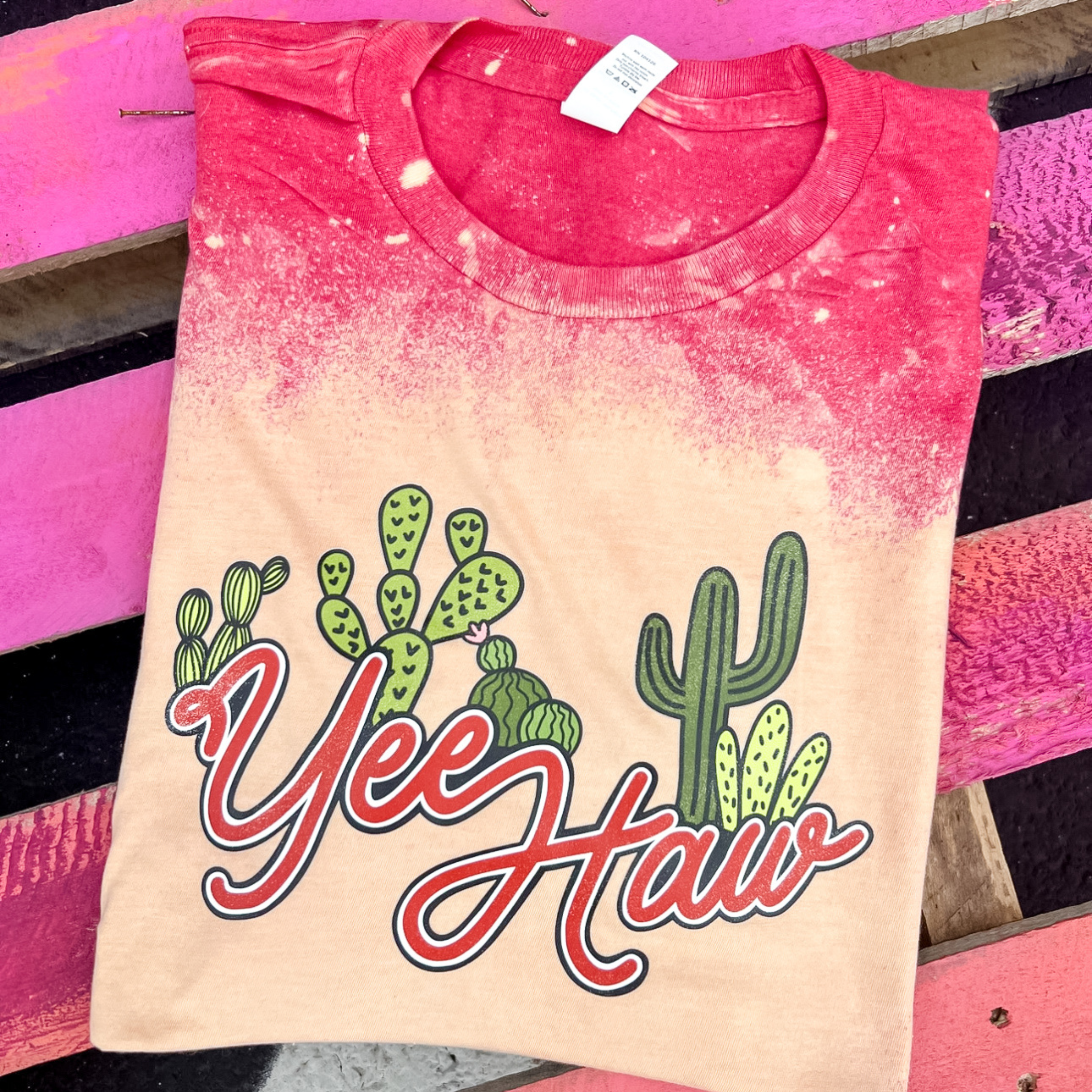 Online Exclusive | Yee Haw with Cactus Short Sleeve Graphic Tee in Bleached Red - Giddy Up Glamour Boutique