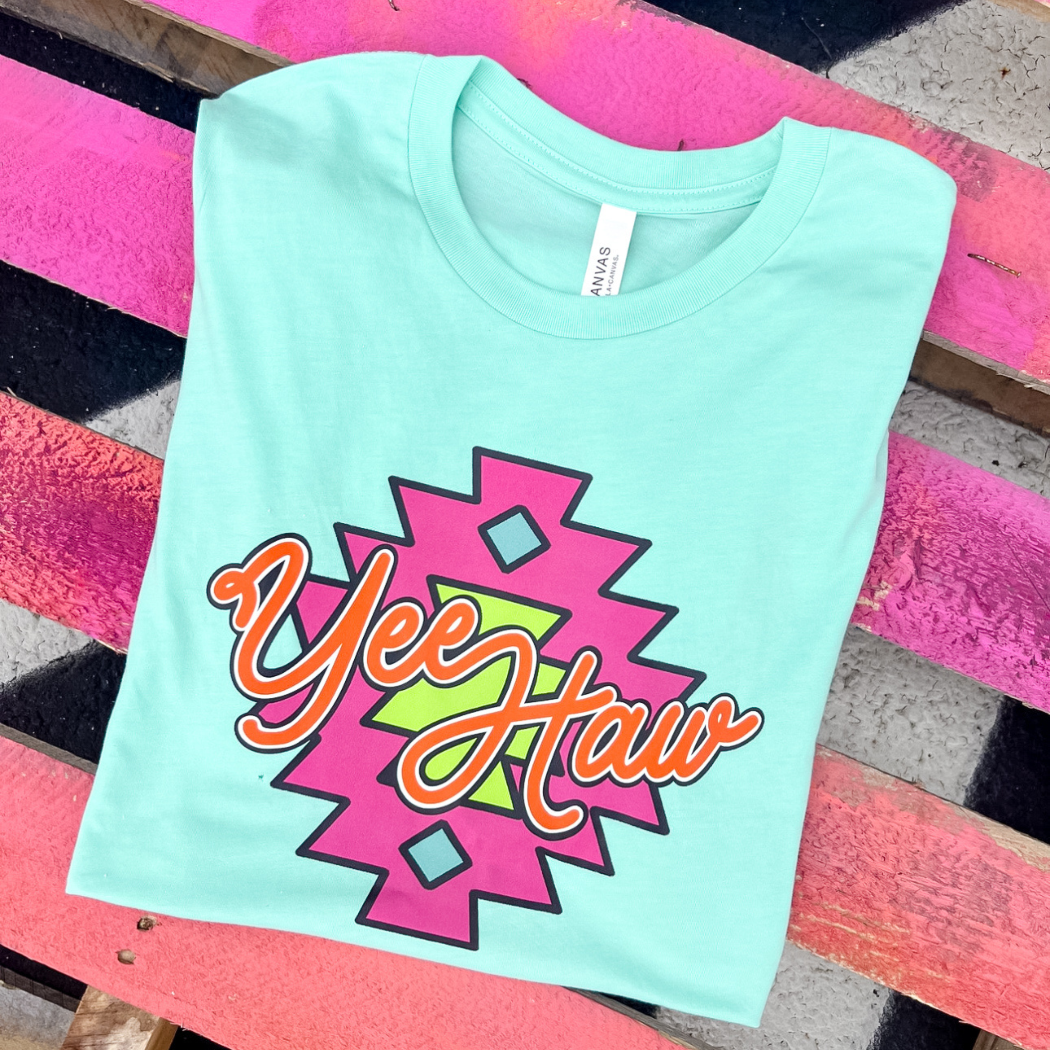 Online Exclusive | Aztec Yee Haw Short Sleeve Graphic Tee in Mint Green - Giddy Up Glamour Boutique