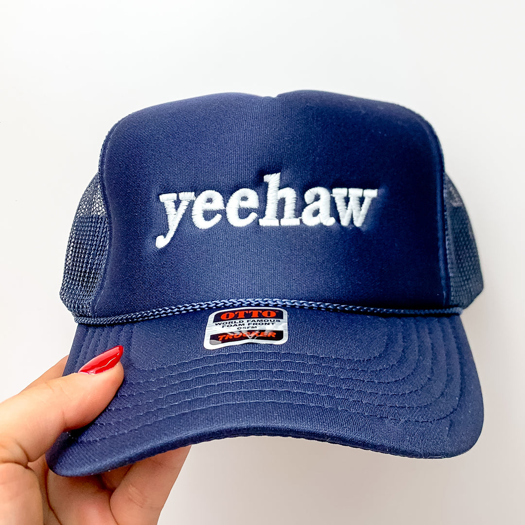 Yeehaw Foam Trucker Hat in Blue and White - Giddy Up Glamour Boutique