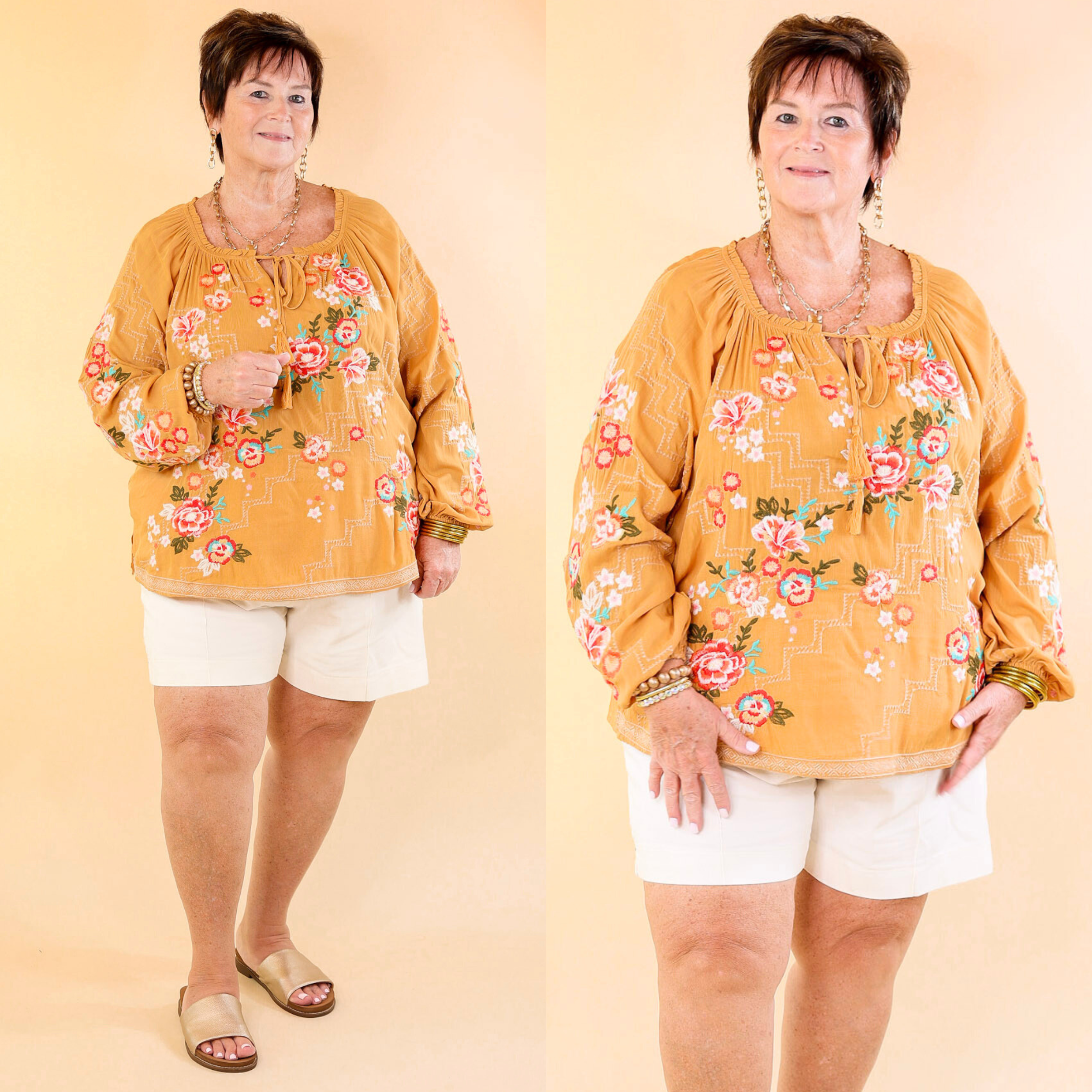 Fashionably Late Embroidered Long Sleeve Top with Front Keyhole and Tie in Mustard Yellow