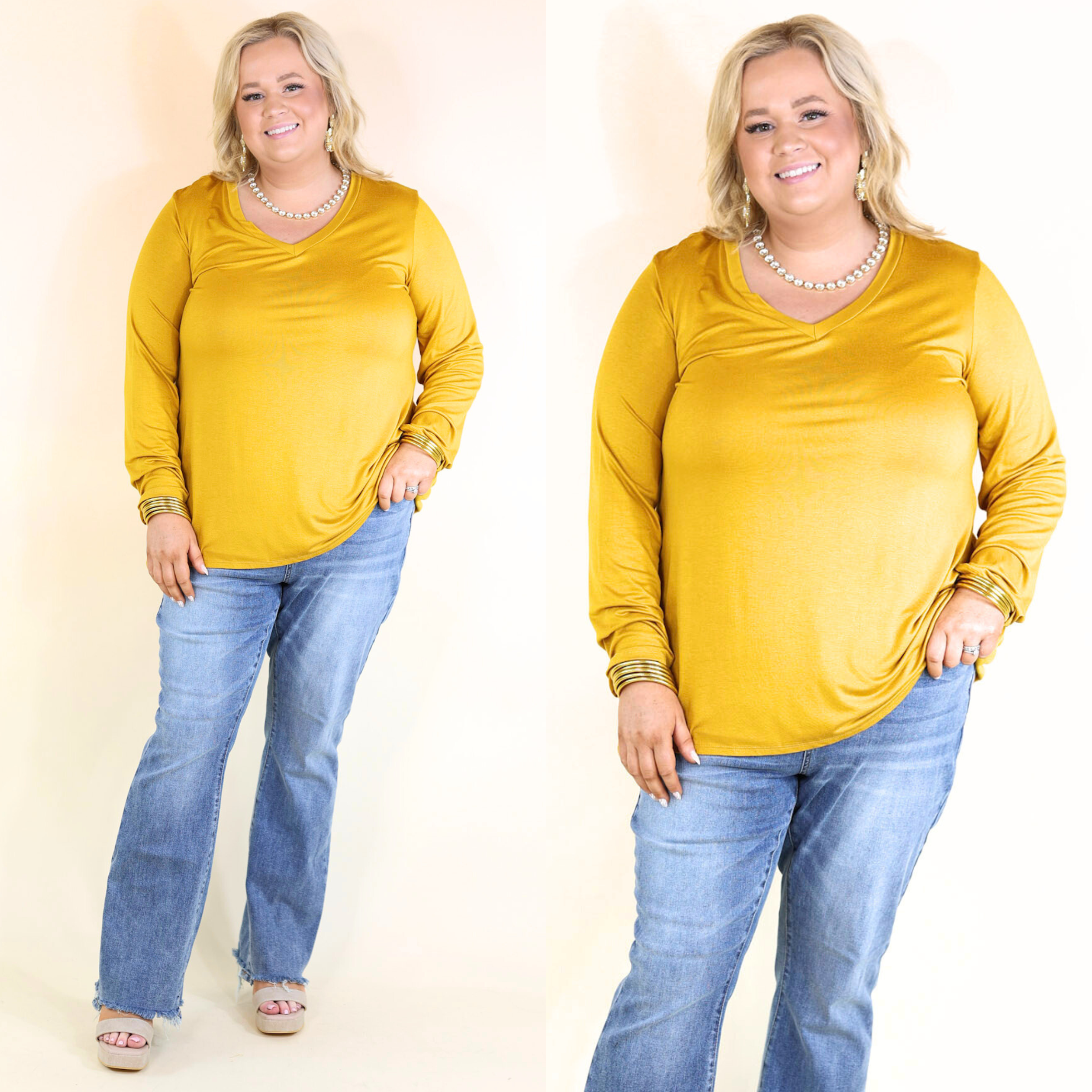 It's That Simple Solid V Neck Long Sleeve Tee in Mustard Yellow