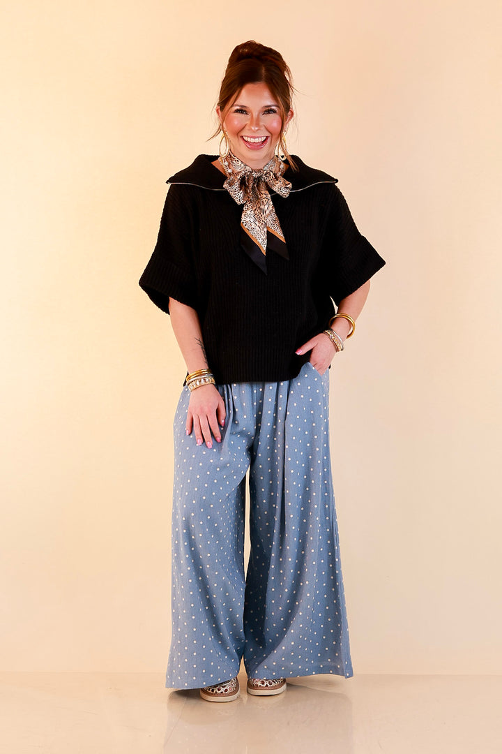 Zipped and Ready Ribbed Knit Half Zip Collared Short Sleeve Sweater Top in Black