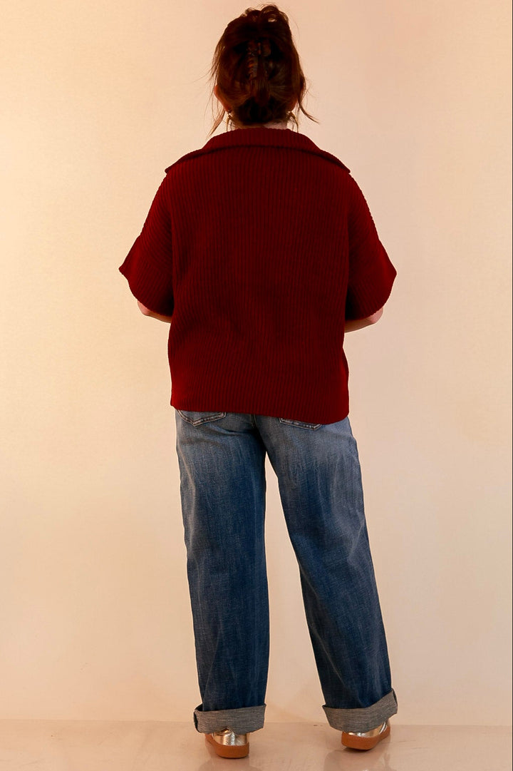 Zipped and Ready Ribbed Knit Half Zip Collared Short Sleeve Sweater Top in Maroon