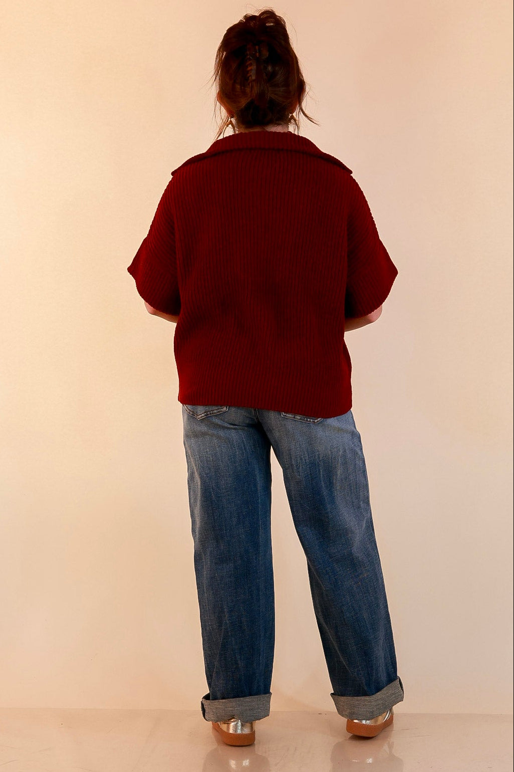 Zipped and Ready Ribbed Knit Half Zip Collared Short Sleeve Sweater Top in Maroon