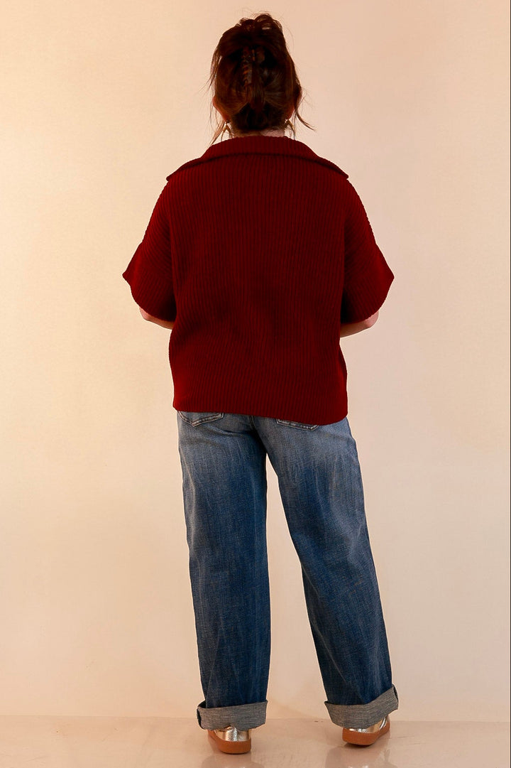 Zipped and Ready Ribbed Knit Half Zip Collared Short Sleeve Sweater Top in Maroon