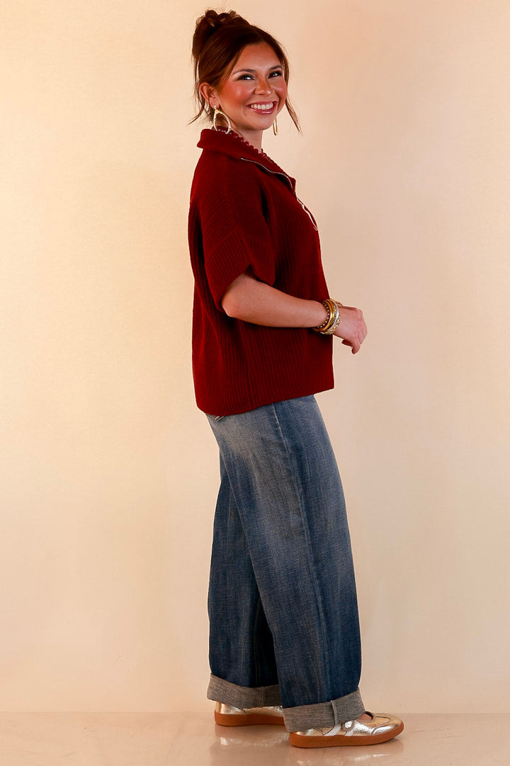 Zipped and Ready Ribbed Knit Half Zip Collared Short Sleeve Sweater Top in Maroon