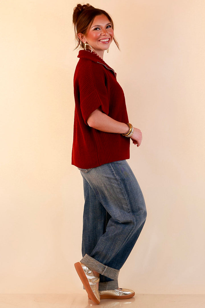 Zipped and Ready Ribbed Knit Half Zip Collared Short Sleeve Sweater Top in Maroon