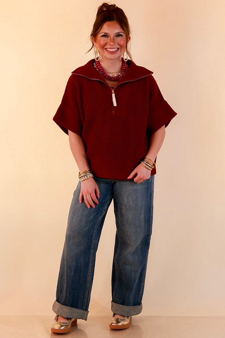 Zipped and Ready Ribbed Knit Half Zip Collared Short Sleeve Sweater Top in Maroon