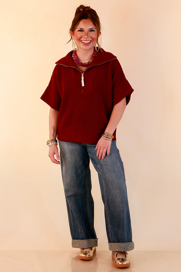 Zipped and Ready Ribbed Knit Half Zip Collared Short Sleeve Sweater Top in Maroon
