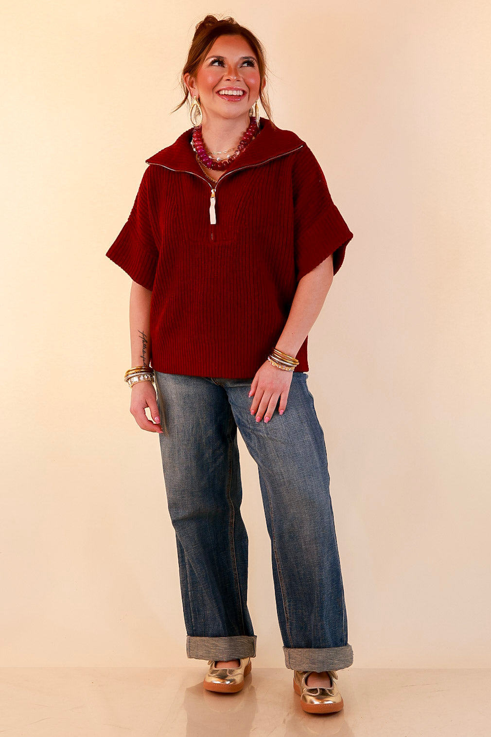 Zipped and Ready Ribbed Knit Half Zip Collared Short Sleeve Sweater Top in Maroon