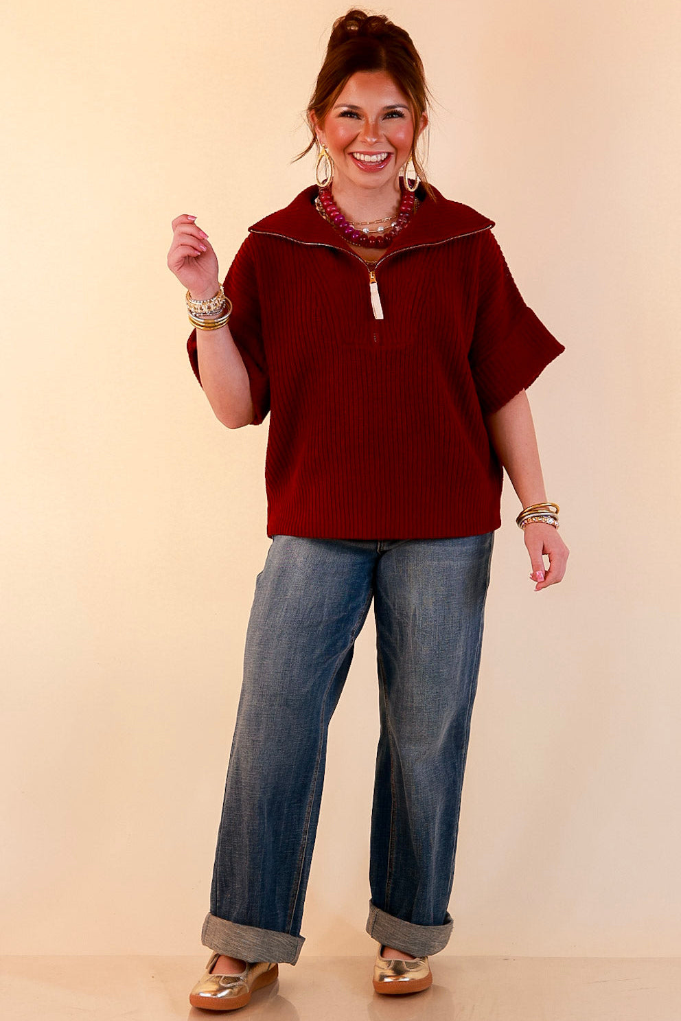 Zipped and Ready Ribbed Knit Half Zip Collared Short Sleeve Sweater Top in Maroon