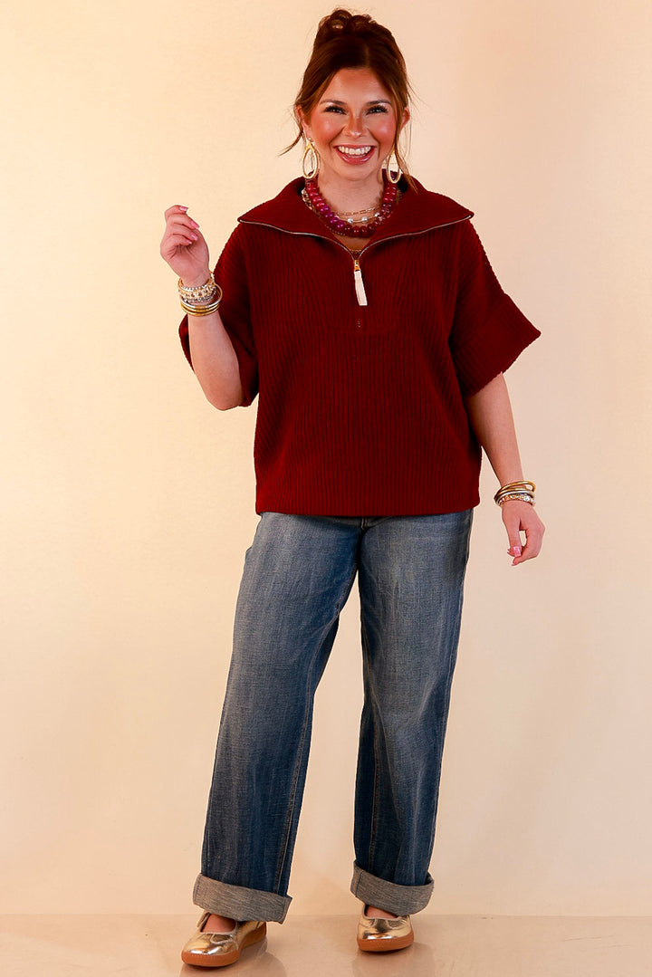 Zipped and Ready Ribbed Knit Half Zip Collared Short Sleeve Sweater Top in Maroon