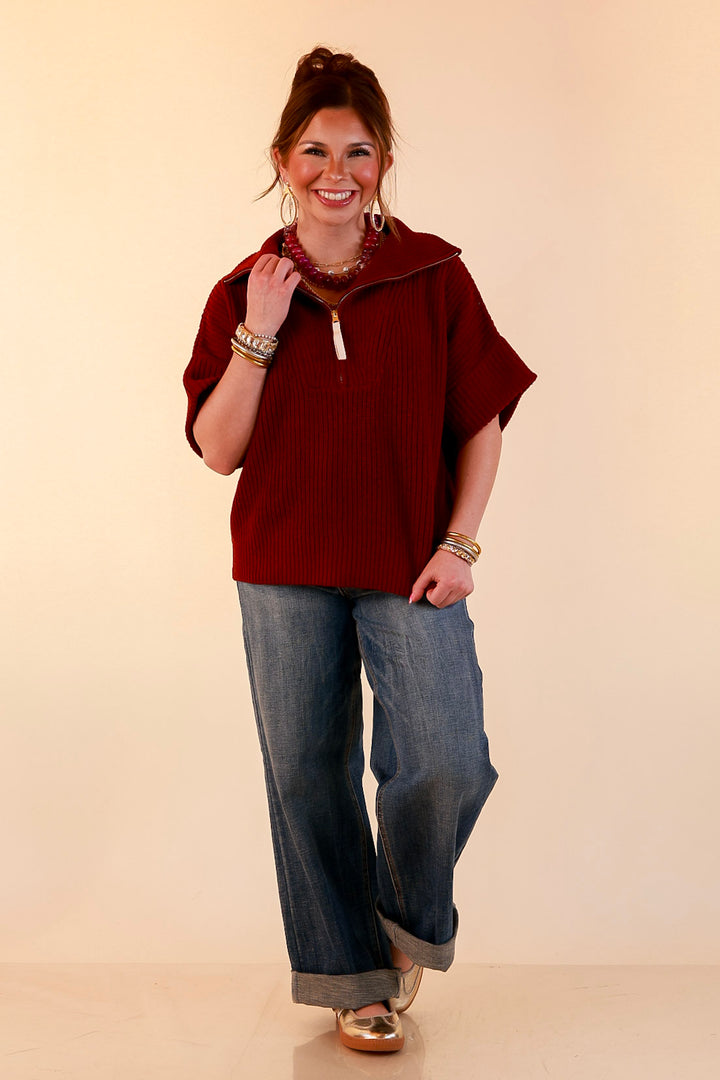 Zipped and Ready Ribbed Knit Half Zip Collared Short Sleeve Sweater Top in Maroon