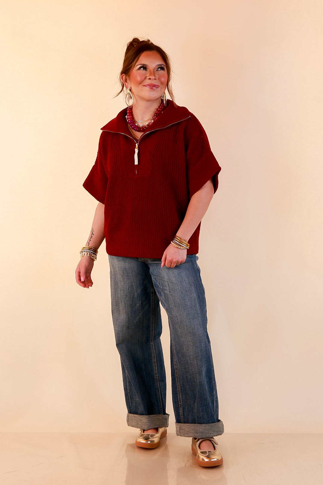 Zipped and Ready Ribbed Knit Half Zip Collared Short Sleeve Sweater Top in Maroon