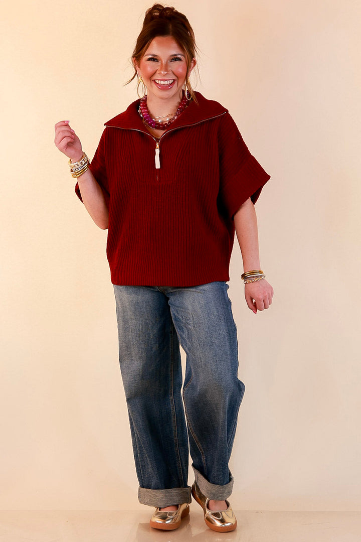 Zipped and Ready Ribbed Knit Half Zip Collared Short Sleeve Sweater Top in Maroon