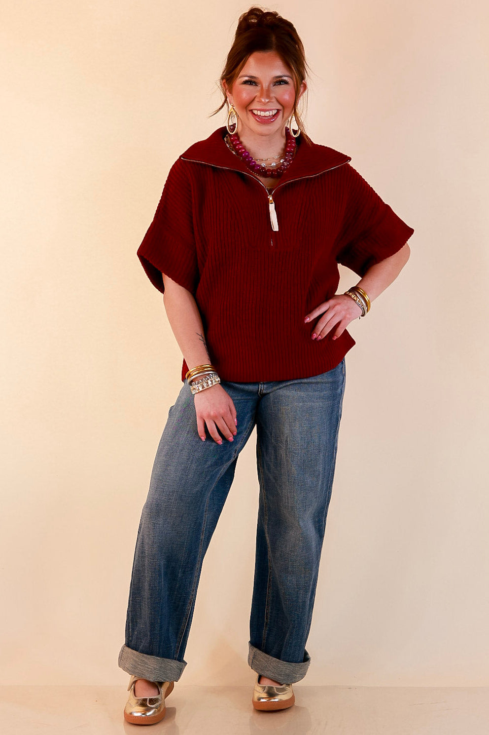 Zipped and Ready Ribbed Knit Half Zip Collared Short Sleeve Sweater Top in Maroon
