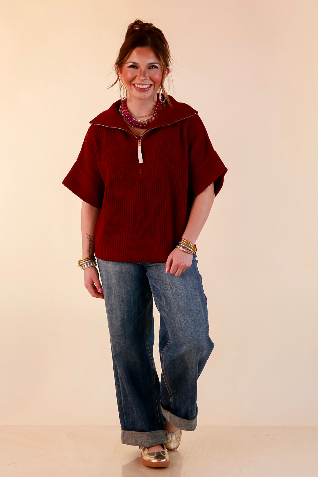Zipped and Ready Ribbed Knit Half Zip Collared Short Sleeve Sweater Top in Maroon