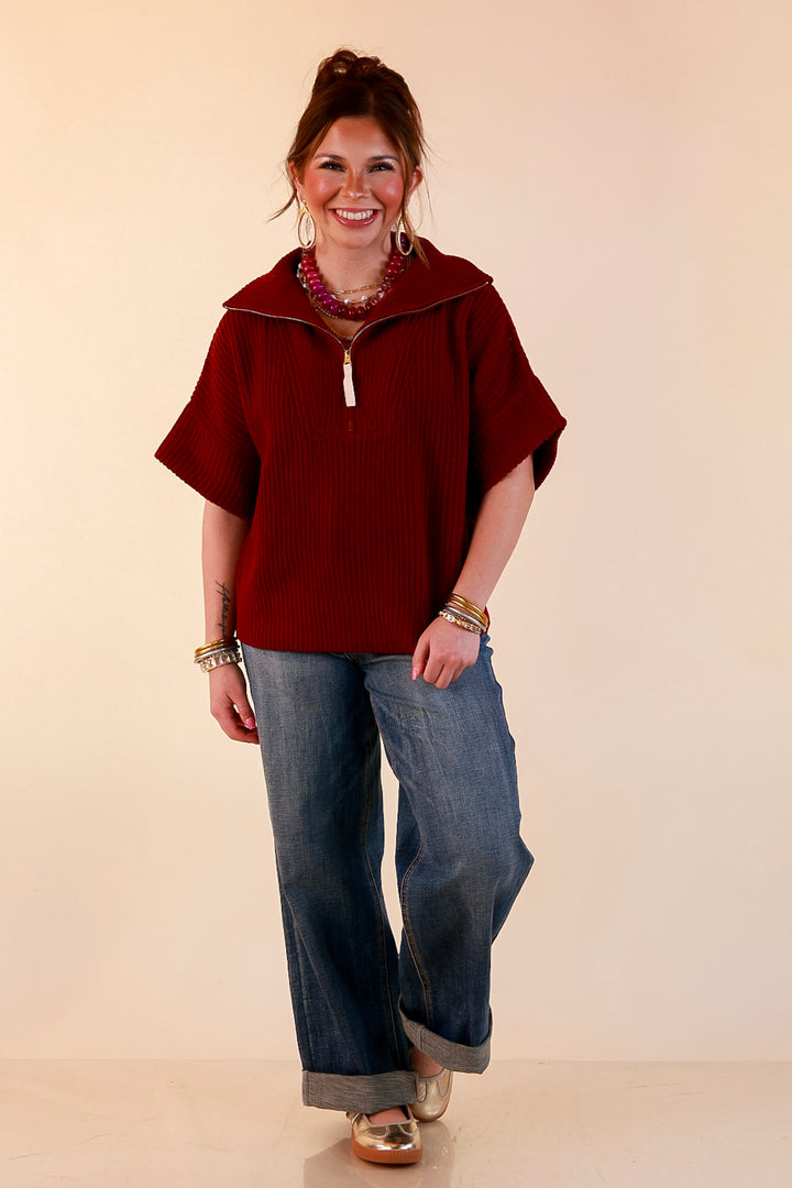 Zipped and Ready Ribbed Knit Half Zip Collared Short Sleeve Sweater Top in Maroon