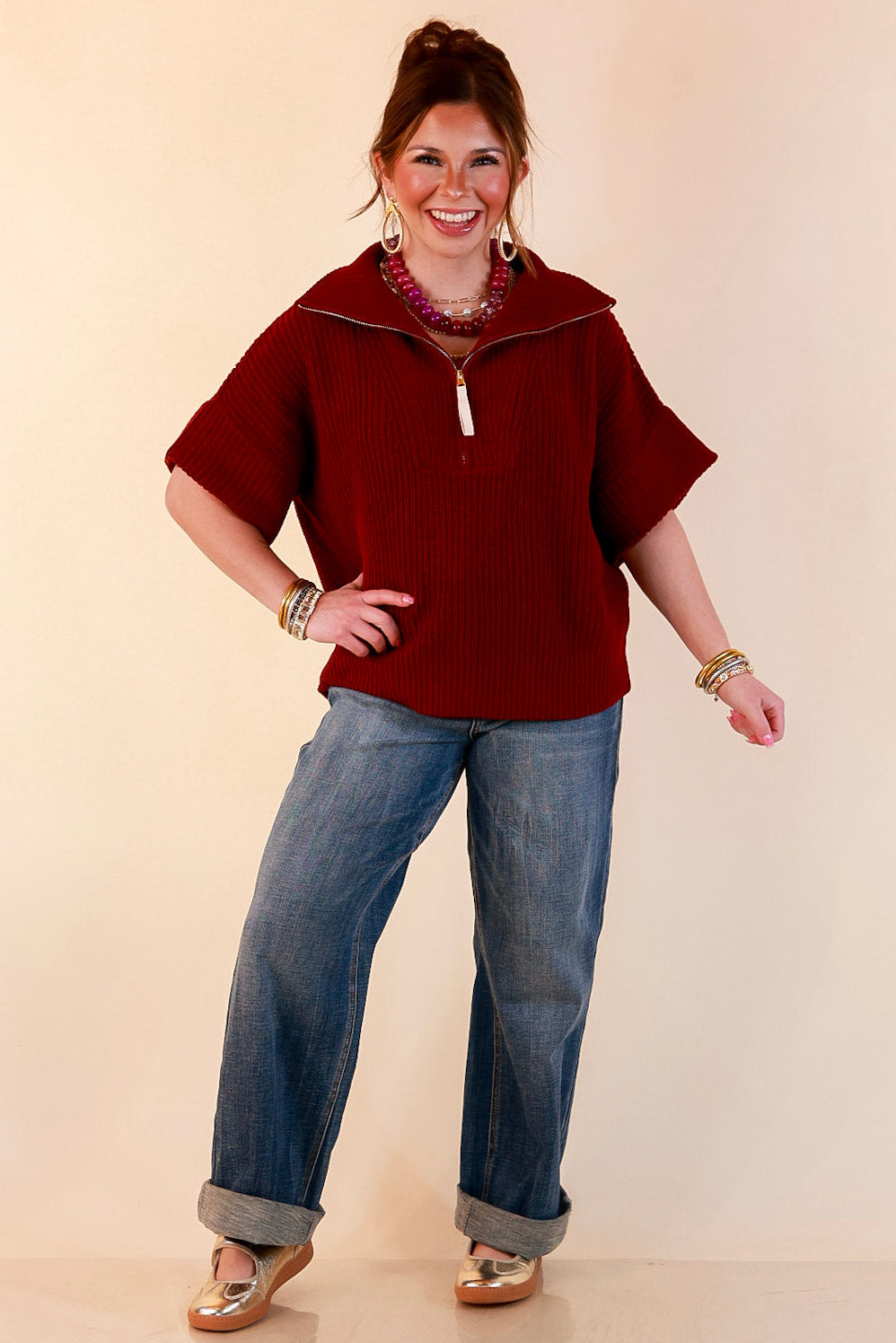 Zipped and Ready Ribbed Knit Half Zip Collared Short Sleeve Sweater Top in Maroon