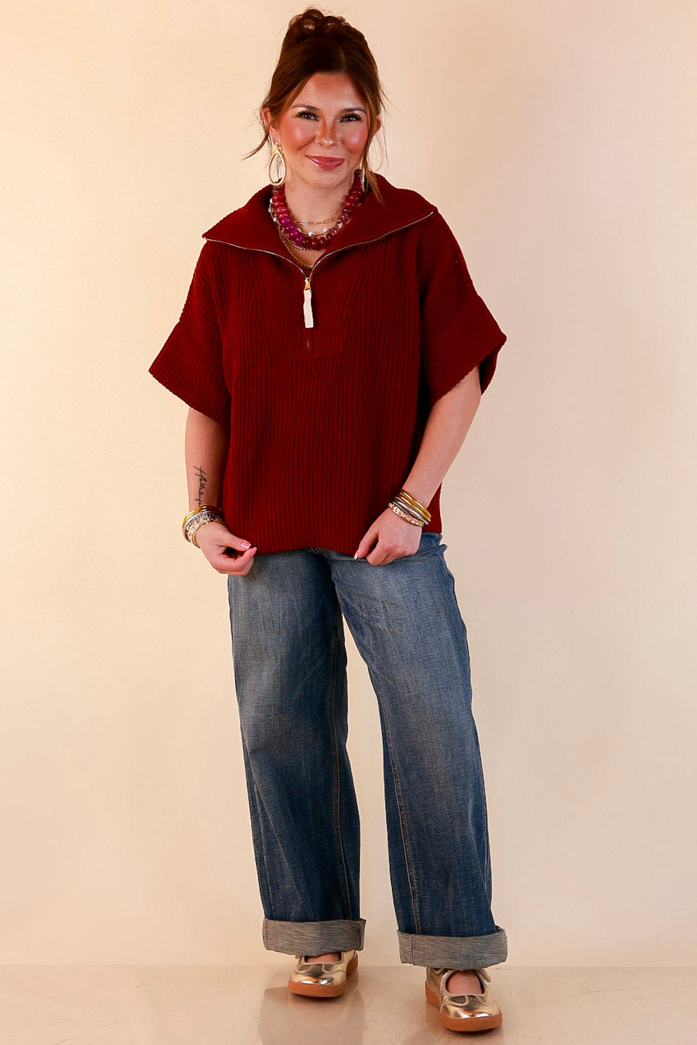 Zipped and Ready Ribbed Knit Half Zip Collared Short Sleeve Sweater Top in Maroon