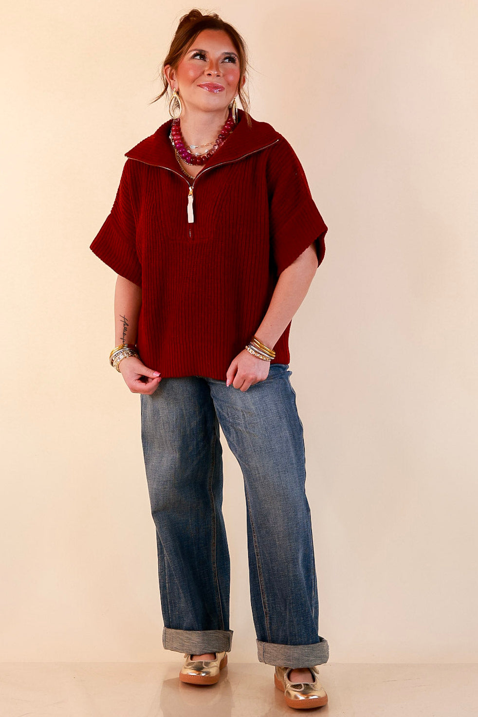 Zipped and Ready Ribbed Knit Half Zip Collared Short Sleeve Sweater Top in Maroon