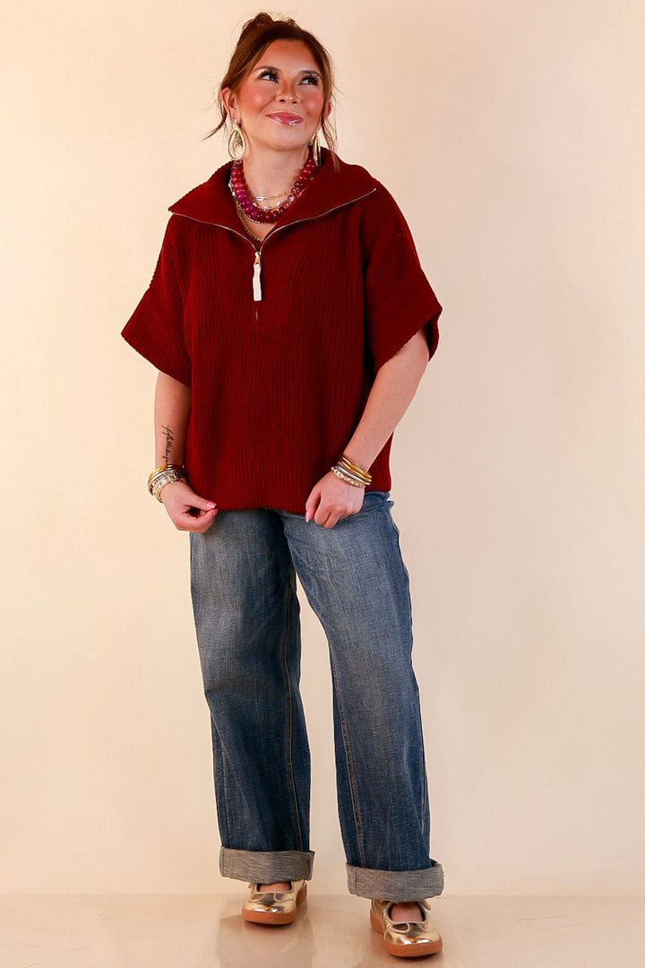 Zipped and Ready Ribbed Knit Half Zip Collared Short Sleeve Sweater Top in Maroon